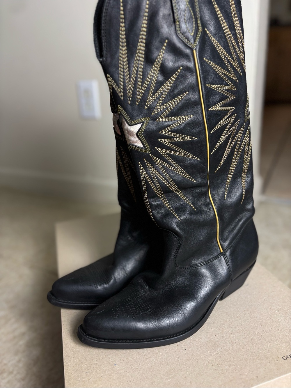 Golden Goose Black Leather Star-Embroidered Heeled Cowboy Boots